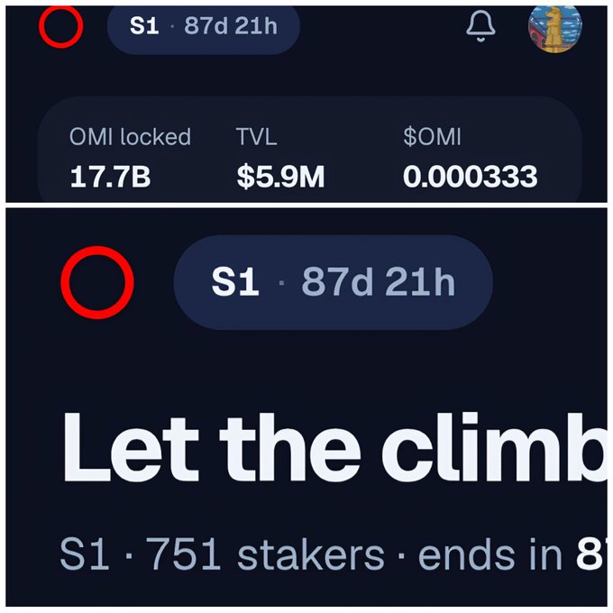 A screenshot of a cryptocurrency or staking interface showing 'OMI locked 17.7B', 'TVL $5.9M', '$OMI 0.000333', with the phrase 'Let the climb' displayed prominently for Season 1 with 751 stakers and 87 days 21 hours left.
