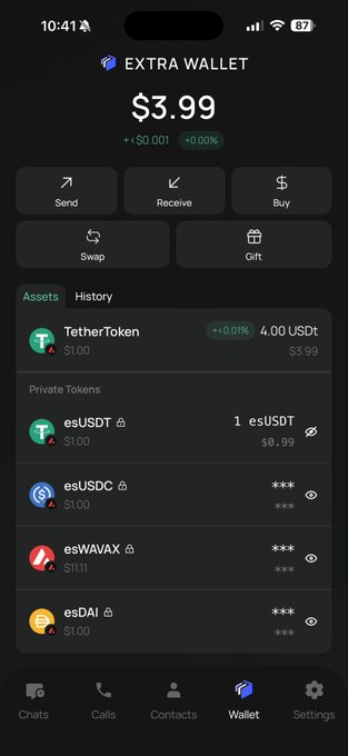 A screenshot of a mobile crypto wallet app called 'EXTRA WALLET' showing a balance of $3.99, with assets including TetherToken, esUSDT, esUSDC, esWAVAX, and esDAI.