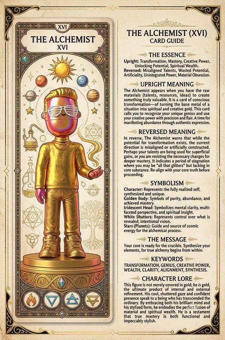A tarot card guide titled 'THE ALCHEMIST XVI' featuring a golden, metallic humanoid figure wearing white shutter shades, surrounded by planetary symbols and geometric diagrams, with detailed text covering Essence, Upright Meaning, Reversed Meaning, Symbolism, Message, Keywords, and Character Lore.