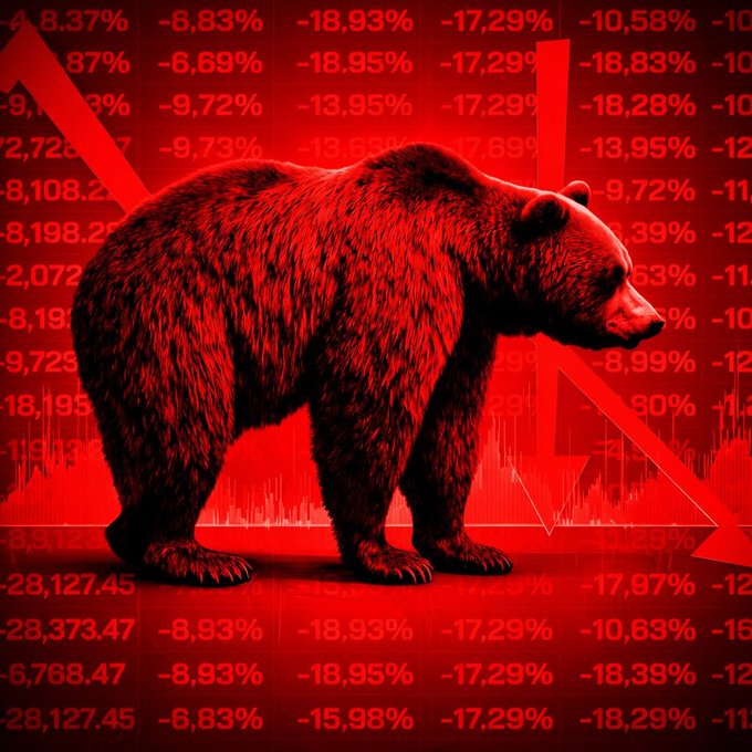 A red bear, symbolizing a market downturn, stands against a backdrop of negative percentages and a downward arrow, visually reinforcing the post's warning to "be prepared" for a potential financial crash when market "music stops."