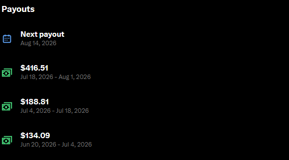 A dark-themed dashboard titled 'Payouts' showing a next payout scheduled for Aug 14, 2026, along with previous payouts of $416.51, $188.81, and $134.09 with their respective date ranges.