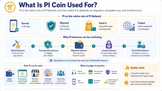 An infographic titled 'What Is Pi Coin Used For?' explains the uses of Pi Network's native coin, detailing balance types like mined, transferable, and locked, and includes a 'Reality check' section.