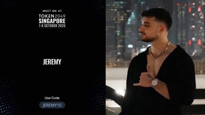 A promotional graphic for Token2049 Singapore (7-8 October 2026) featuring a stylish young man in a black shirt making a "call me" hand gesture against a city skyline backdrop at night, with the name "JEREMY" and discount code "JEREMY10" displayed on the left side. The image directly supports the post by advertising the event with a personal touch through Jeremy's branding and exclusive discount code.