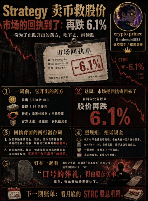 A dark, infographic-style Chinese financial graphic titled "Strategy 卖币救股价 市场的回执到了：再跌 6.1%" (Strategy Sells Bitcoin to Rescue Stock Price, Market's Reply Arrives: Another 6.1% Drop), featuring a "market receipt" for Strategy Inc. showing a -6.1% drop, alongside numbered points detailing that the company sold 3,588 BTC for $216 million to shift toward a "sell coins to pay dividends and repurchase shares" framework, and noting that mNAV<1 means dividend math may not work—visually reinforcing the post's narrative that the market rejected Strategy's bailout attempt with another decline.