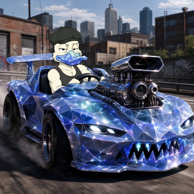 A digital artwork of a blue crystalline/diamond-textured sports car with an exposed supercharger engine, driven by a cartoon duck-like character wearing a black cap and bandana mask.