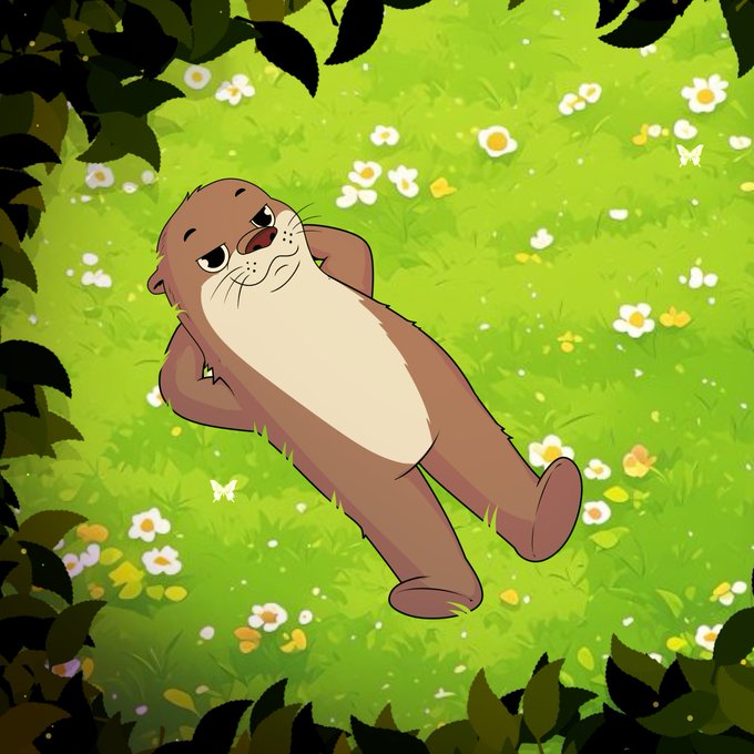 An animated otter lies relaxed on a sunny patch of grass surrounded by wildflowers and leafy foliage, hands behind its head in a carefree pose. The relaxed, lounging otter visually echoes the post's reassuring "good luck and may the hood be with you" sign-off, conveying calm confidence about the upcoming allocation process.
