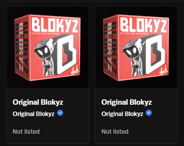 Two "Original Blokyz" NFT collectibles with verified blue checkmarks are displayed side-by-side, showing "Not listed" status beneath each, indicating the user has just acquired these Blokyz collectibles in their wallet and has not yet listed them for sale.
