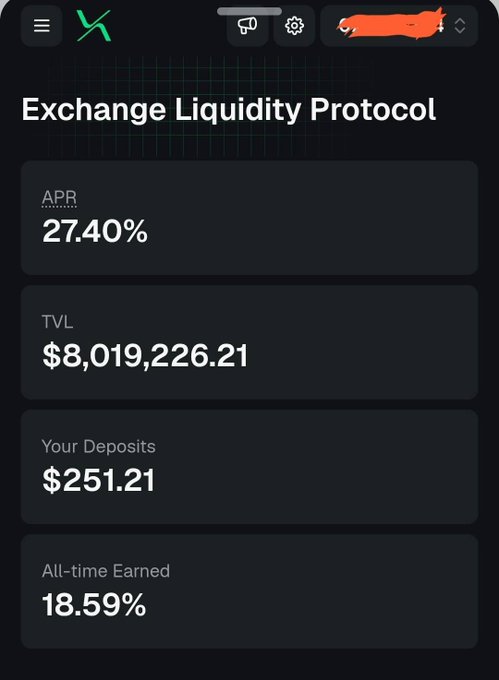 A screenshot of the Exchange Liquidity Protocol page on Risex showing an APR of 27.40%, TVL of $8,019,226.21, deposits of $251.21, and all-time earned of 18.59%, illustrating the $250 in the Vault the user rediscovered.