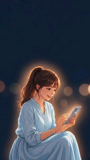 An anime-style illustration of a young woman with long brown hair in a ponytail, wearing a light blue dress and smiling while looking at her smartphone against a dark, bokeh-lit background.
