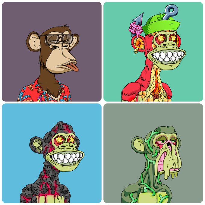 A four-panel grid of NFT-style cartoon illustrations: a Bored Ape in sunglasses, and three mutant apes with various colorful, grotesque, and melting features.