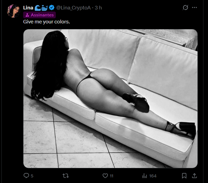 A black and white photo shows a woman in a thong lying on a white couch, with the caption "Give me your colors." This suggestive image is posted by Lina, "@Lina_CryptoA," to encourage users to subscribe for exclusive content.