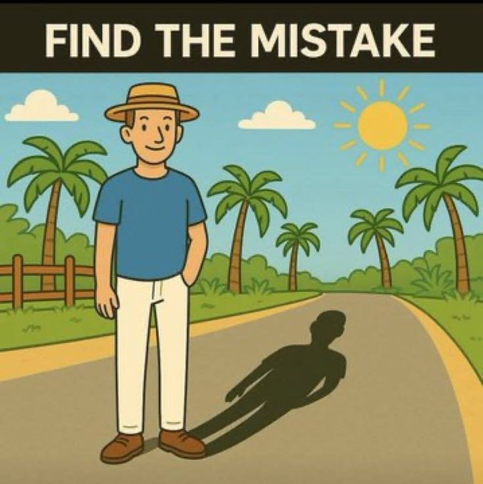 An illustrated puzzle image with the text 'FIND THE MISTAKE' at the top, showing a man in a blue shirt and hat casting a shadow that appears to be of a different, slimmer figure on a tropical road.
