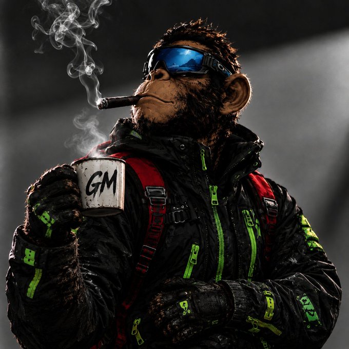 A CGI image of a chimpanzee wearing a black jacket with neon green accents, red backpack straps, blue reflective sunglasses, and holding a mug labeled 'GM' while smoking a cigar.