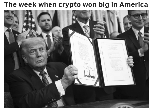 The image shows Donald Trump holding a document along with the text "The week when crypto won big in America," contrasting his prior $1.4 billion crypto earnings with a potential limitation to his profits due to the CLARITY Act.