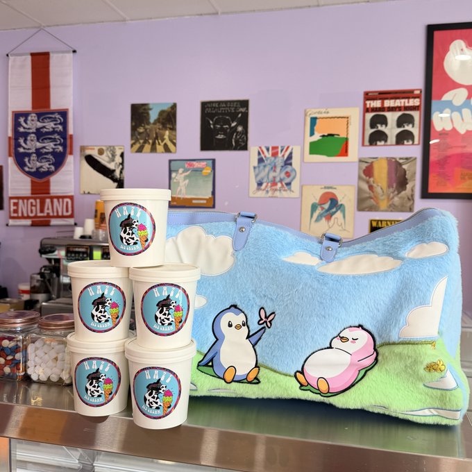 A photograph of a counter displaying five white tubs labeled 'NAZCA' with a cow graphic, next to a fuzzy blue bag with embroidered cartoon characters, set against a wall with various posters including Beatles and England flag designs.