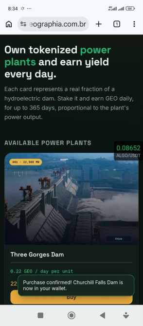 A mobile screenshot from geographia.com.br promoting tokenized hydroelectric dam NFTs, highlighting the "Three Gorges Dam" card priced at 0.08652 ALGO/USDT with a 0.22 GEO/day yield, alongside a purchase confirmation popup for Churchill Falls Dam. The image illustrates the play-to-earn staking concept described in the post, showing where users can buy fractional shares of real power plants on Algorand to earn daily GEO rewards.