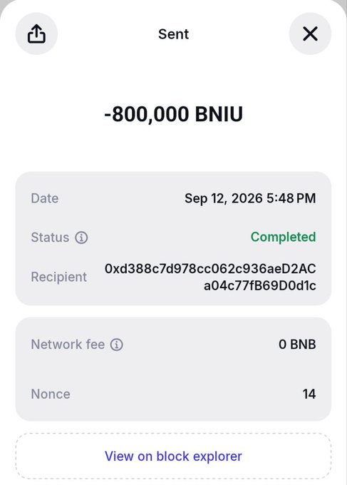 A cryptocurrency transaction confirmation screen showing a sent transaction of -800,000 BNIU to recipient address 0xd388c7d978cc062c936aeD2ACa04c77fB69D0d1c, with status 'Completed' on Sep 12, 2026 5:48 PM, network fee 0 BNB, nonce 14.