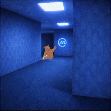 A dark, blue-lit empty room with patterned wallpaper and ceiling lights, featuring a cartoon bear image and an 'M' logo floating in the space, reminiscent of the backrooms aesthetic.