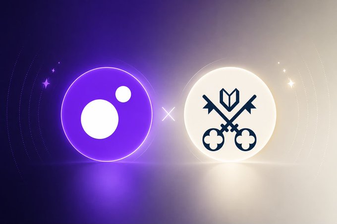 A glowing purple sphere and a cream-colored sphere containing a stylized cross and leaf emblem are displayed side by side with a luminous 'x' between them against a gradient background, suggesting a partnership or collaboration between two entities.