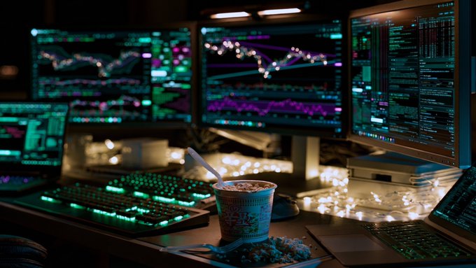 A cup of instant ramen sits next to a keyboard in a dimly lit workspace surrounded by glowing monitors displaying stock charts and trading data, illustrating how a market downturn has cut the intern's lunch budget down to basic noodles.