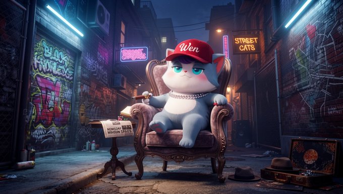 A digital artwork of a chubby gray cat wearing a red 'Wen' cap and silver chain, sitting in an ornate chair in a neon-lit urban alleyway with graffiti and a 'STREET CATS' neon sign.