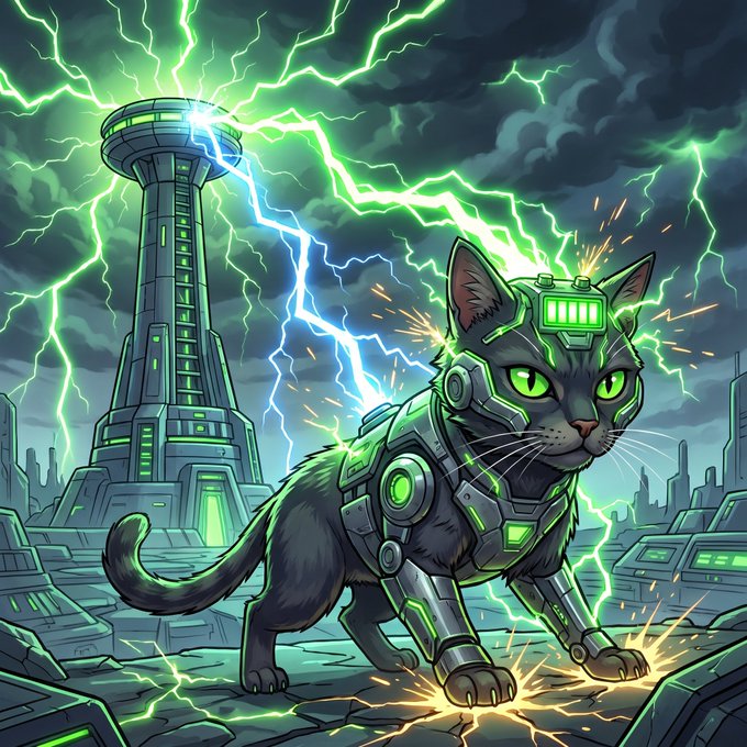 Digital artwork of a black cat wearing futuristic green-lit armor with glowing eyes, standing on a stone surface amidst green lightning, with a tall sci-fi tower in the background.