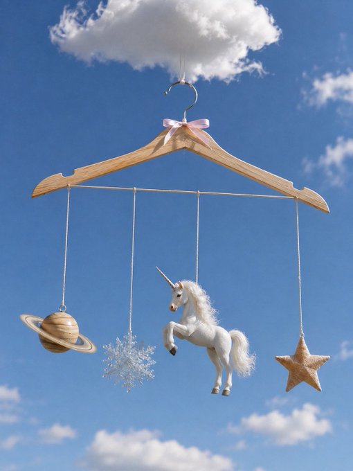 A baby mobile hanging against a blue sky with clouds, featuring a wooden hanger with dangling ornaments of a planet, a snowflake, a white unicorn, and a star.