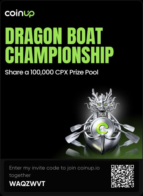The image shows an advertisement promoting a Dragon Boat Championship contest. The advertisement features a poster with a dragon boat illustration, which serves as a visual representation of the event's theme. The text in the advertisement encourages users to participate in the competition by sharing their code with someone else or entering together on the CoinUp website. This feature allows multiple participants to join and compete simultaneously, increasing the chances of winning the grand prize pool.