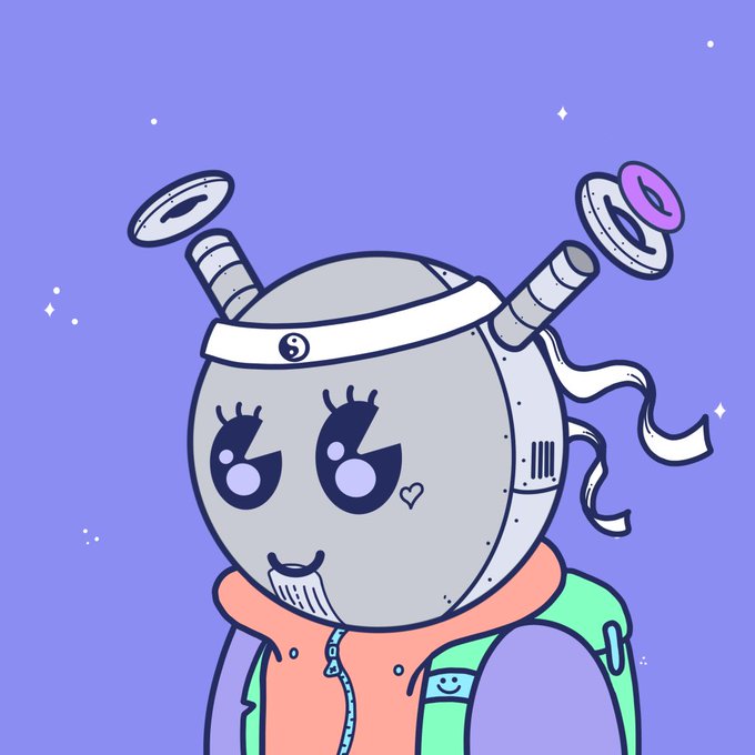 A cute cartoon robot character with antennae styled like hair buns, a yin-yang headband, and a colorful hoodie is shown against a purple starry background, representing the warm, homey "Quirkies" community mentioned in the post about long-term building and belonging rather than fleeting hype.