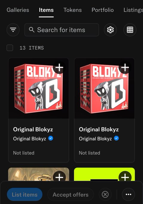 Mobile NFT marketplace interface showing 'Items' tab with 13 items, including two "Original Blokyz" collectibles, and bottom action buttons for "List items" and "Accept offers."