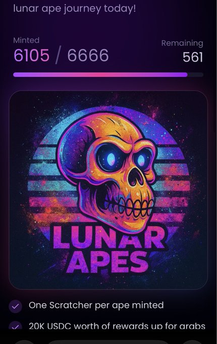 A digital NFT minting page for 'LUNAR APES' shows 6105/6666 minted with 561 remaining, featuring a colorful skull illustration and text noting 'One Scratcher per ape minted' and '20K USDC worth of rewards up for grabs'.