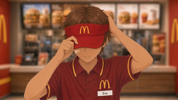 An anime-style illustration of a McDonald's employee named 'Eve' wearing a red visor and uniform, adjusting the visor with one hand in front of menu boards.