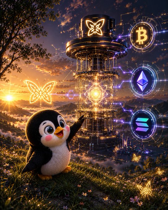 The image features a cute penguin standing on a grassy hill next to a tower that has various symbols associated with Bitcoin and cryptocurrency. The penguin appears to be interacting with these symbols, possibly trying to understand their meaning or even participate in them. The background of the image is filled with clouds, creating an atmosphere reminiscent of a sunset. The post about D-Wave Advantage2 and its relation to Bitcoin and cryptocurrency has been captioned correctly, providing context for the image's content.