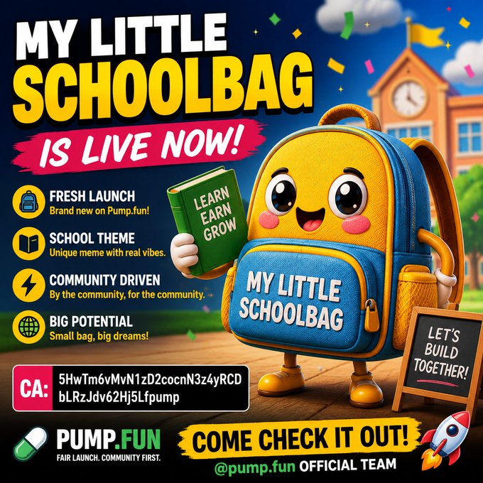 A vibrant promotional graphic announces the launch of "MY LITTLE SCHOOLBAG" on Pump.fun, featuring an animated cartoon schoolbag mascot holding a green "LEARN EARN GROW" book beside a schoolhouse, with key selling points (Fresh Launch, School Theme, Community Driven, Big Potential) listed and the contract address "5HwTm6vMvN1zD2cocnN3z4yRCDbLRzJdv62Hj5Lfpump" displayed alongside the @pump.fun official team branding.