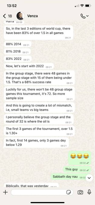 The image shows a screenshot of a text message conversation between two people, with one person's name displayed at the top left corner and the other person's name at the bottom right corner. The text appears to be written by someone named Venezia, who is sharing her thoughts on how they plan to make generational wealth in the World Cup. She mentions that she and her friends are preparing for a tournament and wonders if anyone else would like to join them. The conversation seems to revolve around their shared interest in making money from the event.