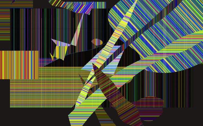 An abstract digital artwork featuring colorful vertical stripes in yellow, green, blue, and purple tones arranged in dynamic geometric patterns against a black background.