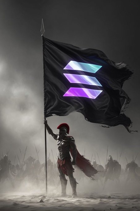 A Roman soldier in armor holding a large black flag with the purple and teal Solana logo, standing before an army in a dusty battlefield.