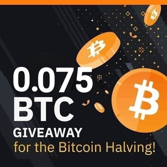 A promotional graphic for a 0.075 BTC giveaway celebrating the Bitcoin Halving, featuring orange Bitcoin coins against a dark background with the text "0.075 BTC GIVEAWAY for the Bitcoin Halving!" The image serves as a visual announcement for the social media contest where followers can win 0.075 BTC by following, reposting, and commenting "BTC" according to the rules listed in the post.