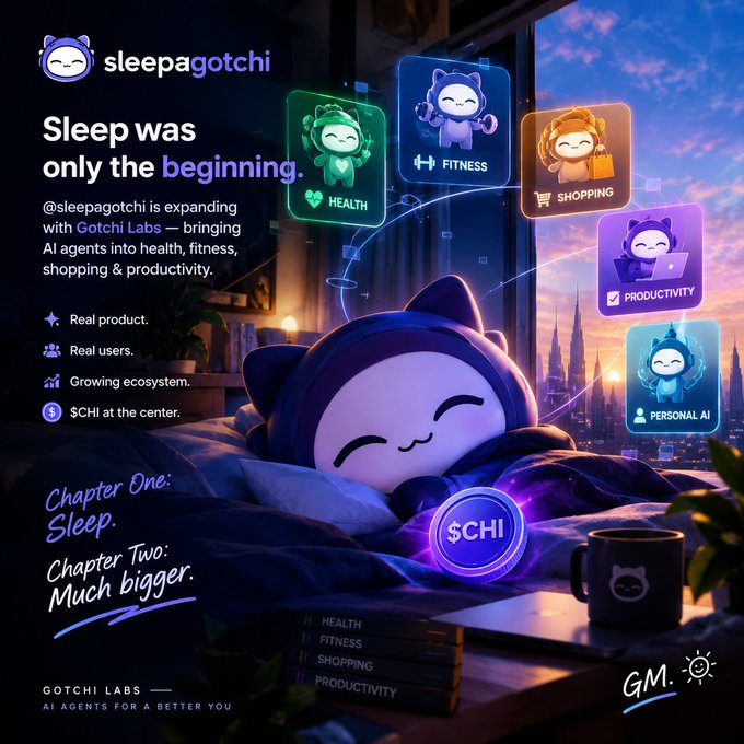 An advertisement for sleepagotchi by Gotchi Labs with the tagline 'Sleep was only the beginning,' promoting expansion into AI agents for health, fitness, shopping, and productivity with the $CHI token at the center.