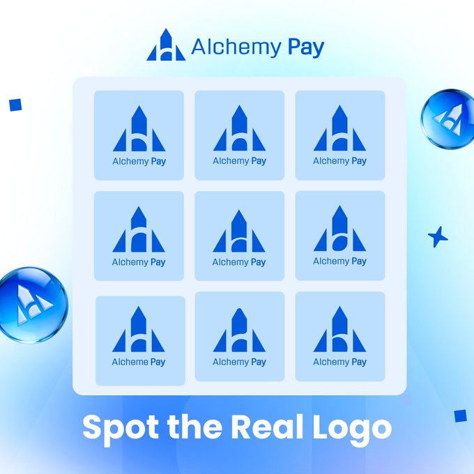 The image is a "Spot the Real Logo" puzzle featuring a 3x3 grid of similar-looking "Alchemy Pay" logos against a blue gradient background with decorative 3D orb accents, challenging viewers to identify the authentic brand logo from its near-identical imitations. The promotional post invites participants to find the real logo, comment their answer, and tag friends for a chance to win a share of a 5000 prize pool.