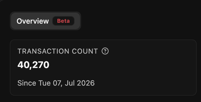 A dark dashboard interface showing an 'Overview' tab with a 'Beta' label, displaying a transaction count of 40,270 since Tue 07, Jul 2026.