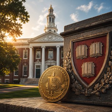 A large gold Bitcoin coin rests on a stone ledge in front of a university-style building with classical columns and a red crest with books.