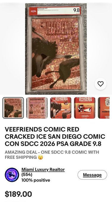 A listing for "VEEFRIENDS COMIC RED CRACKED ICE SAN DIEGO COMIC CON SDCC 2026 PSA GRADE 9.8" from a Miami Luxury Realtor seller, priced at $189.00 with free shipping.