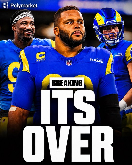 A Polymarket promotional graphic features three Los Angeles Rams players in their blue and yellow uniforms, with "BREAKING" stamped above large bold text reading "ITS OVER," visually underscoring the post's claim that the Rams lead Super Bowl championship odds at 15% on the prediction platform.