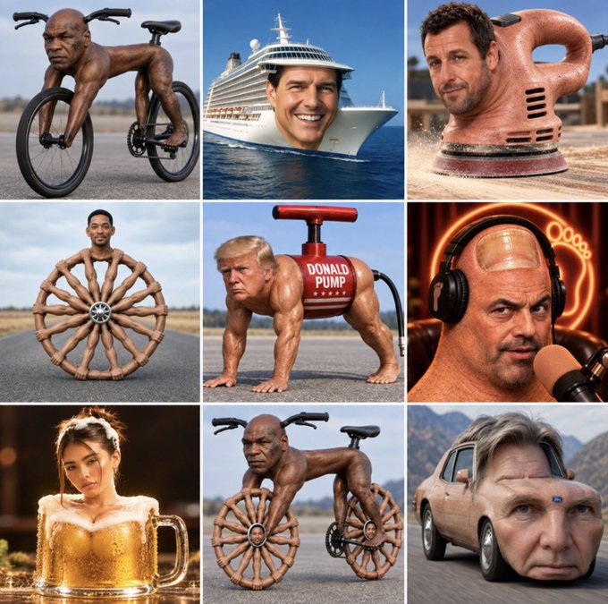 A 3x3 grid of AI-generated surreal images depicts famous figures—including Mike Tyson, Donald Trump, Will Smith, and others—merged with objects like bicycles, a cruise ship, a power drill, a wagon wheel, and a car.