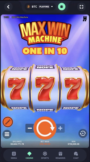 A mobile casino screenshot from Thrill.com displays a "MAX WIN MACHINE" slot game with three "NOPE" sevens, showing a balance of $8,684,771.78, a bet of $10,000.00, and a win of $750,000.00. The image illustrates the context of the post by showcasing the BTC-playing streamer AyeZee's massive $750K win that contributed to the balance growth from $750K to $8.5M.