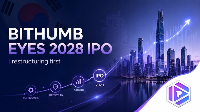 A Bithumb promotional graphic titled 'BITHUMB EYES 2028 IPO | restructuring first' showing a city skyline with a growth trajectory chart featuring RESTRUCTURE, STRENGTHEN, GROWTH, and IPO 2028 milestones.