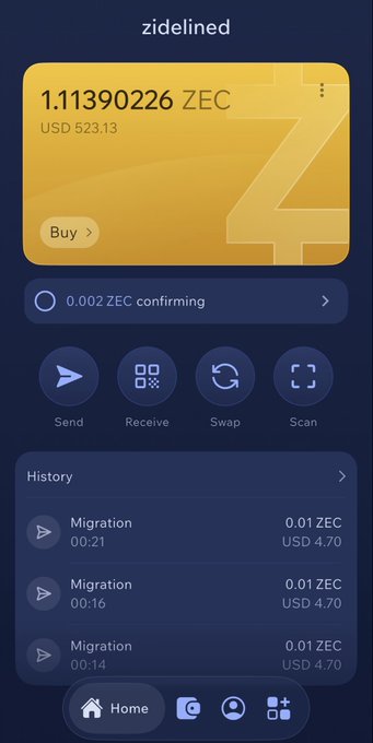 A Zide-lined crypto wallet screenshot showing a balance of 1.11390226 ZEC (USD 523.13), a pending transaction of 0.002 ZEC confirming, and transaction history showing migration transactions.