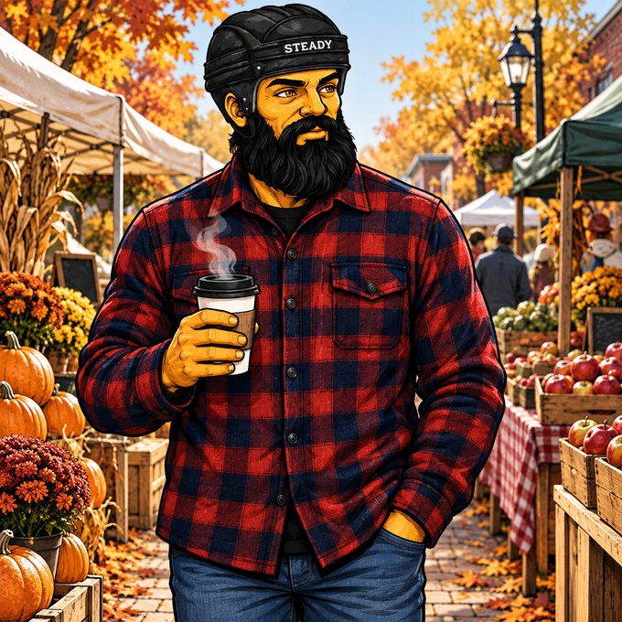 An illustrated bearded man wearing a 'STEADY' beanie and red plaid flannel shirt holds a steaming coffee cup at an autumn farmers market.