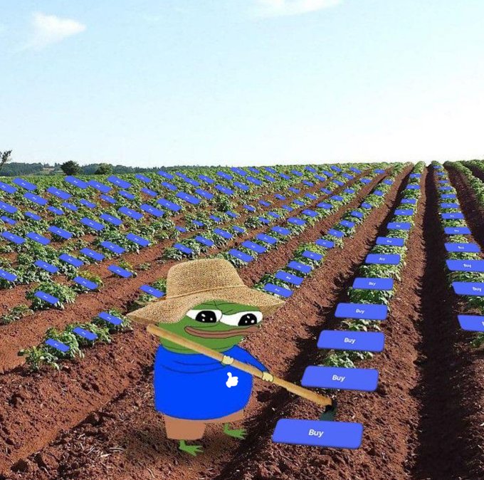 A Pepe the Frog meme dressed as a farmer in a straw hat tending to a field where every crop row is replaced with rows of blue 'Buy' buttons.